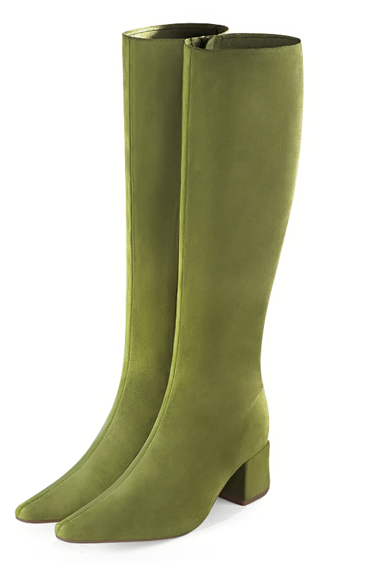 Pistachio green women's feminine knee-high boots. Tapered toe. Medium block heels. Made to measure. Front view - Florence KOOIJMAN